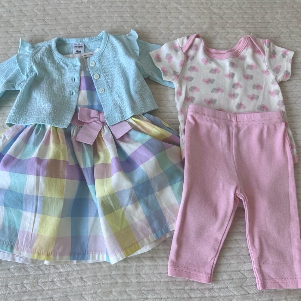 4 Piece BUNDLE | Carter’s dress with sweater | Rene Rofe onesie with pants | 6m